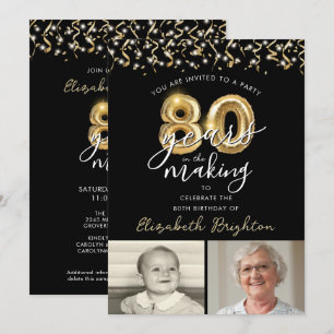 Black Gold 2 Fotos Balloons zum 80. Geburtstag Einladung