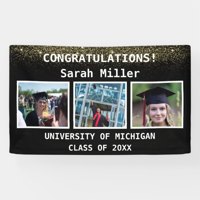 Black & Gold 3 Foto Abschluss Class 2025 Banner (Horizontal)