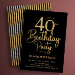 Black Gold 40th Birthday Einladung<br><div class="desc">Black gold 40th birthday party invitation. Trendy modern design,  perfect for a stylish men's or women's bday celebration. Features script font and stripes on the back. Customize with your own details. Printed Zazzle invitations or instant download digital printable template.</div>