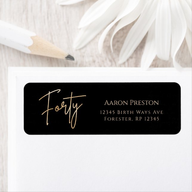 Black & Gold 40th Birthday Return Address Label (Insitu)