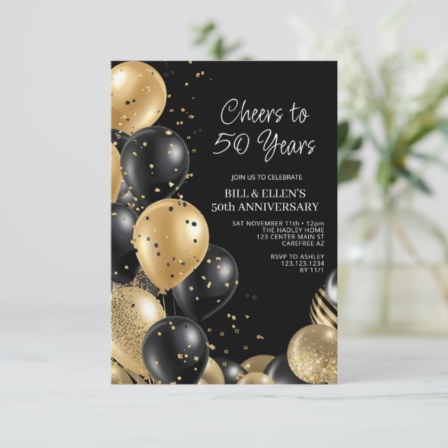 Black Gold 50. Hochzeitstag Einladung (Stehend Vorderseite)