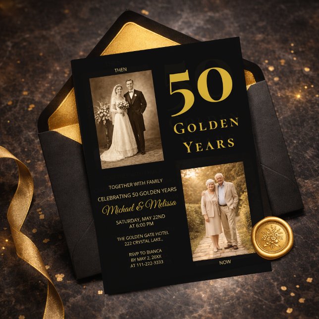 Black Gold 50th Anniversary Then Now Elegant Einladung (Elegant black and gold 50th anniversary invitation flat lay with envelope)