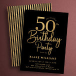 Black Gold 50th Birthday Einladung<br><div class="desc">Black gold 50th birthday party invitation. Trendy modern design,  perfect for a stylish men's or women's bday celebration. Features script font and stripes on the back. Customize with your own details. Printed Zazzle invitations or instant download digital printable template.</div>