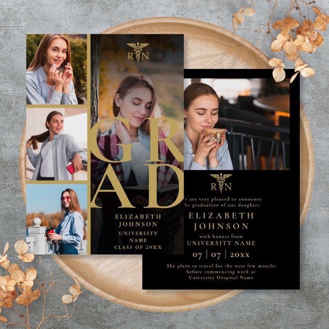 Black Gold 5 Foto Abschluss Ankündigung (Black Gold 5 Photo Nursing Graduation Announcement)