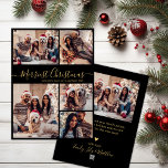 Black Gold 5 Foto Collage Frohe Weihnachten<br><div class="desc">Moderne Elegante Kalligrafie Simple Black and Gold 5 Foto Collage Einfachste Weihnachts Script Holiday Card. Diese festliche, minimalistische, skurrile 5 (5) Foto-Urlaubskarte-Vorlage verfügt über eine hübsche Gitter-Foto-Collage und "Merriest Christmas" Grußtext, die in einem wunderschönen handgeschriebenen Wirblen Swash-Schwanz-Schriftart-Skript in Gold auf schwarzem Hintergrund geschrieben ist. Auf der Rückseite mit Ihrer Grußbotschaft...</div>