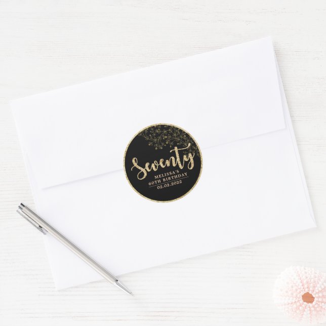 Black & Gold 70. Geburtstagsparty Gunst Sticker (Umschlag)