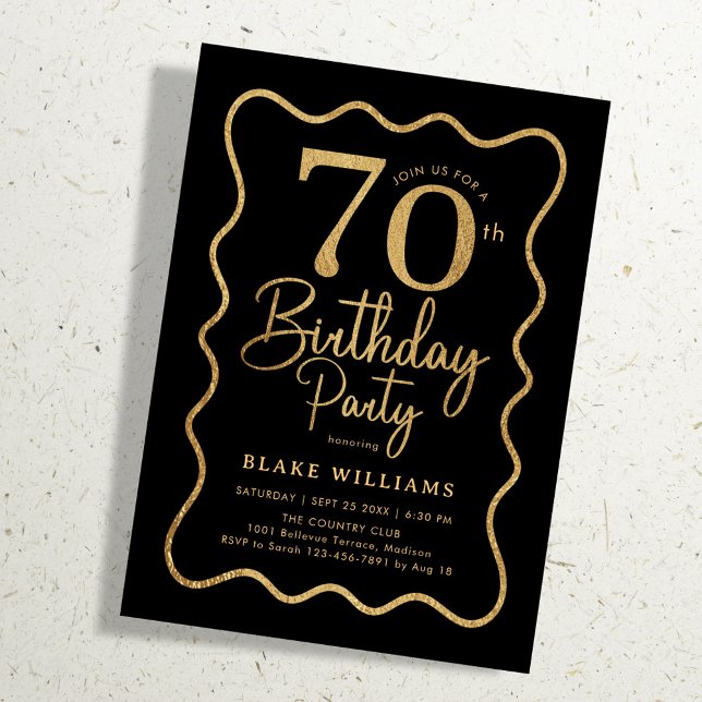 Black Gold 70th Birthday Wavy Border Einladung (Von Creator hochgeladen)