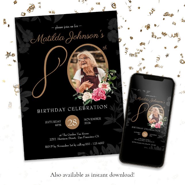 Black Gold 80. Geburtstagsparty Einladung (80th Birthday Black Gold Floral Custom Photo Invitation)