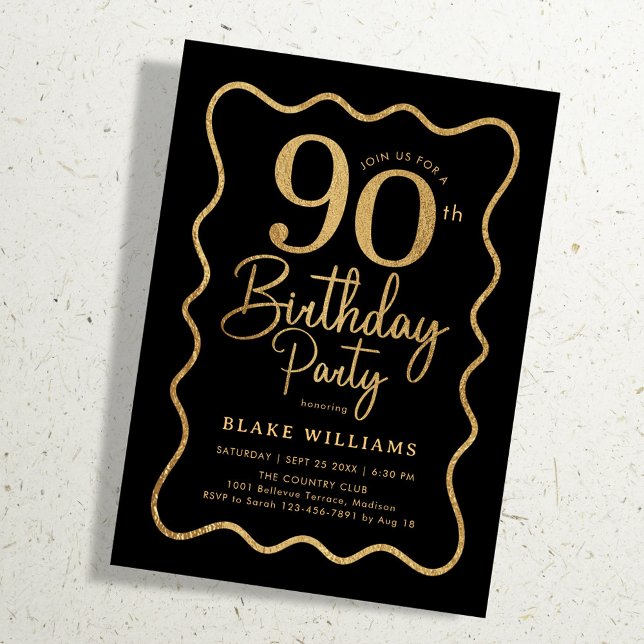 Black Gold 90th Birthday Wavy Border Einladung (Von Creator hochgeladen)