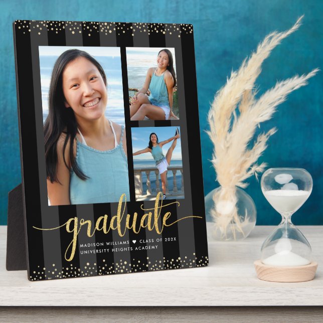 Black Gold Abschluss 3 Foto Glitzer Script Chic Fotoplatte (Seite)