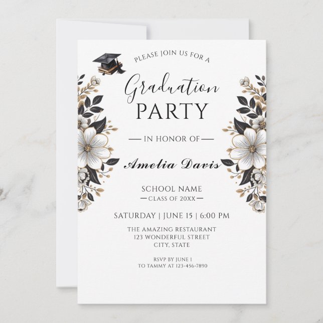 Black & Gold Abschluss - Einladung (Vorderseite)