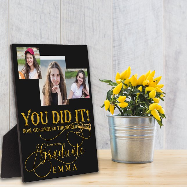 Black Gold Abschluss Multi Foto Keepake-Geschenk Fotoplatte (Black Gold Class of 2026 Graduation Photo Keepsake Plaque)