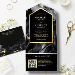 Black Gold Abstrakt Fluid Ink QR Code Hochzeit All In One Einladung