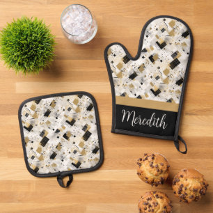 Black Gold Abstrakt Individuelle Name-Geschenk Ofenhandschuh & Topflappen-Set