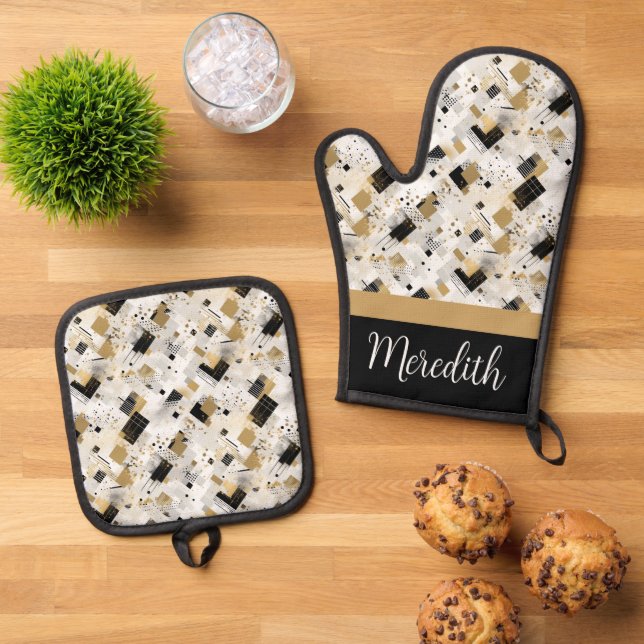 Black Gold Abstrakt Individuelle Name-Geschenk Ofenhandschuh & Topflappen-Set (Oben Unten)