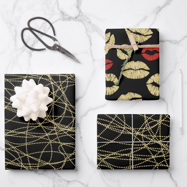 Black Gold Abstrakt Red Lips Brautparty Geschenkpapier Set (Vorderseite)