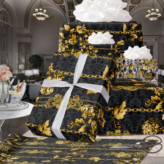 Black Gold Acanthus Leaf Chains Floral Gold Black Geschenkpapier (Von Creator hochgeladen)