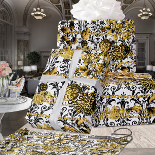 Black Gold Acanthus Leaf Chains Floral Gold White Geschenkpapier