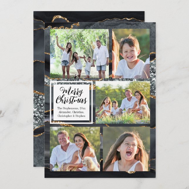 Black Gold Agate 5-Foto Frohe Weihnachten Einladung (Vorne/Hinten)