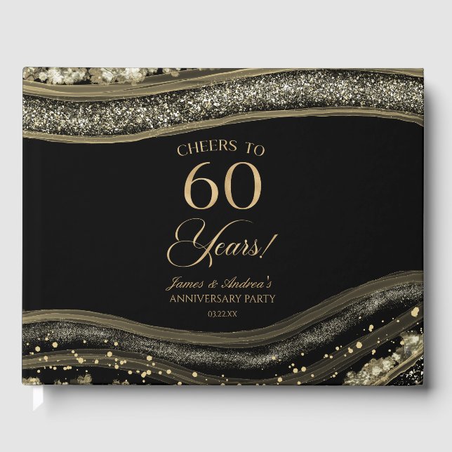 Black Gold Agate 60th Wedding Anniversary Party Gästebuch (Vorderseite)