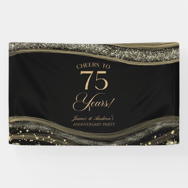 Black Gold Agate 75th Wedding Anniversary Party Banner (Horizontal)