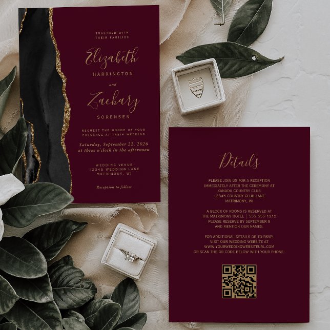 Black Gold Agate Burgundy Red QR Code Hochzeit Einladung (Von Creator hochgeladen)