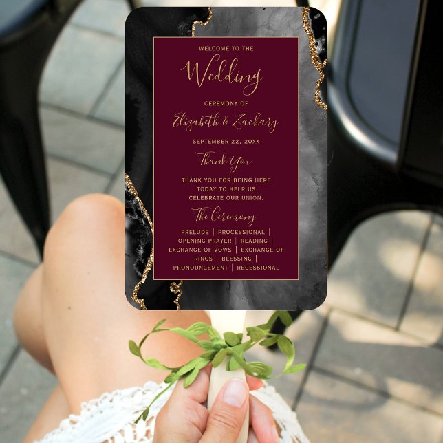 Black Gold Agate Burgundy Wedding Program Fächer (Von Creator hochgeladen)