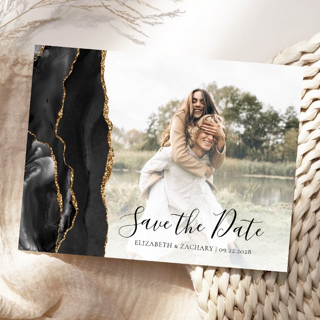 Black Gold Agate Custom Foto Save the Date Postkarte (Von Creator hochgeladen)