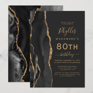 Black Gold Agate Dark 80. Geburtstagsparty Einladung