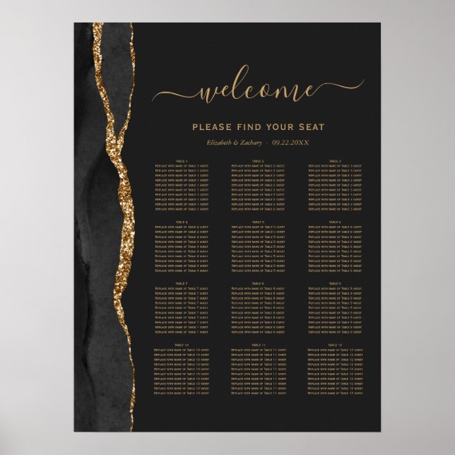Black Gold Agate Dunkle 12-Tisch Hochzeitssitze Poster (Vorne)