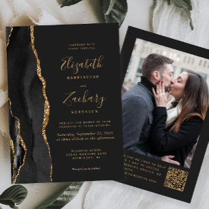 Black Gold Agate Dunkle Foto QR Code Hochzeit Einladung