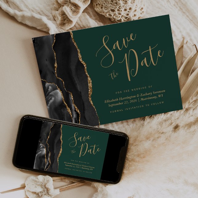Black Gold Agate Emerald Green Save the Date Einladung (Von Creator hochgeladen)