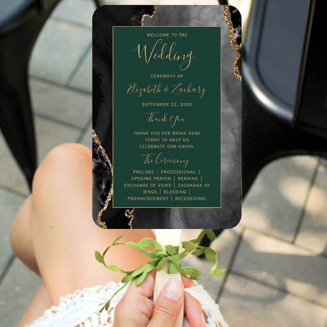 Black Gold Agate Emerald Green Wedding Program Fächer (Von Creator hochgeladen)