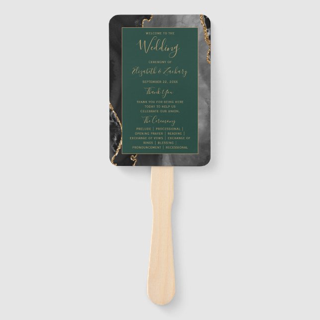 Black Gold Agate Emerald Green Wedding Program Fächer (Vorderseite)
