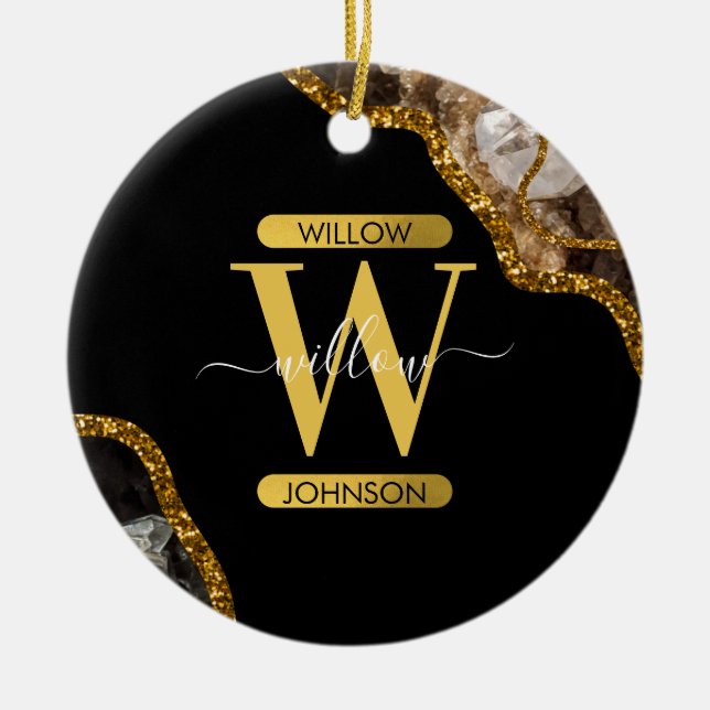 Black & Gold Agate Geode Glitter Monogram Marble Keramik Ornament (Vorne)