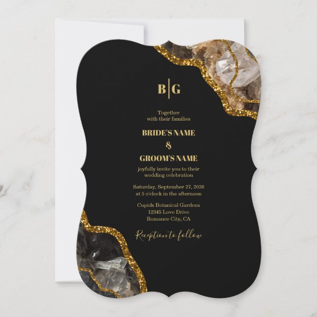Black & Gold Agate Geode Glitzer Hochzeit Einladung (Vorderseite)