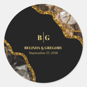 Black & Gold Agate Geode Glitzer Hochzeit Runder Aufkleber