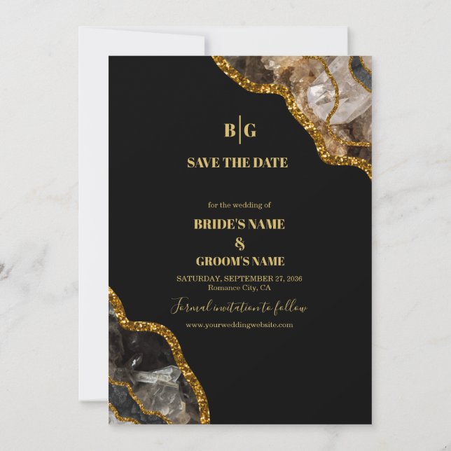 Black & Gold Agate Geode Glitzer Hochzeit Save The Date (Rückseite)