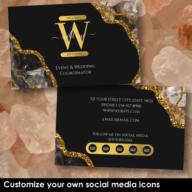 Black Gold Agate Geode Glitzer Marble Social Media Visitenkarte (Black Gold Agate Geode Glitter Marble Social Media Business Card)