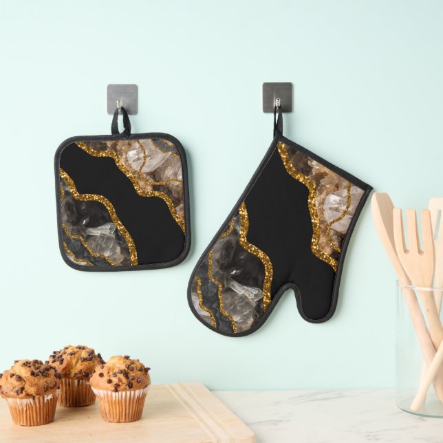 Black & Gold Agate Geode Glitzer Ofenhandschuh & Topflappen-Set (Insitu (Hängend))