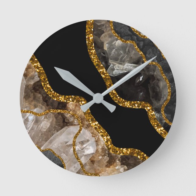 Black & Gold Agate Geode Glitzer Runde Wanduhr (Vorderseite)