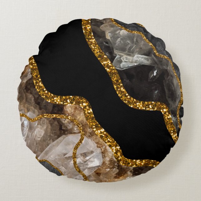 Black & Gold Agate Geode Glitzer Rundes Kissen (Vorderseite)