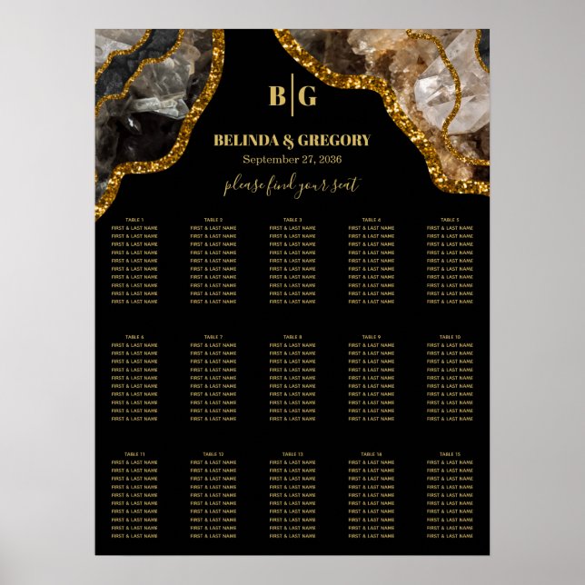 Black & Gold Agate Geode Wedding Seekarte Poster (Vorne)