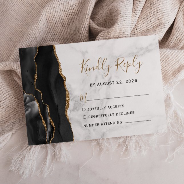 Black Gold Agate Gray Marble Wedding RSVP Karte (Von Creator hochgeladen)