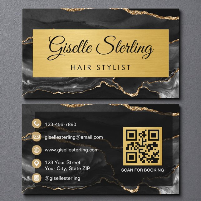 Black Gold Agate Hair Stylist Glitter QR Code Visitenkarte (Von Creator hochgeladen)