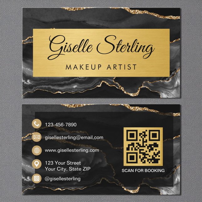 Black Gold Agate Makeup Artist Glitter QR Code Visitenkarte (Von Creator hochgeladen)