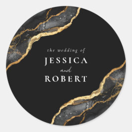 Black Gold Agate Marble Elegante Hochzeit Runder Aufkleber