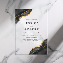 Black Gold Agate Marble Elegantes Hochzeitsempfang Acryleinladungen