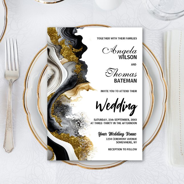Black Gold Agate Marble Wedding Einladung (Von Creator hochgeladen)