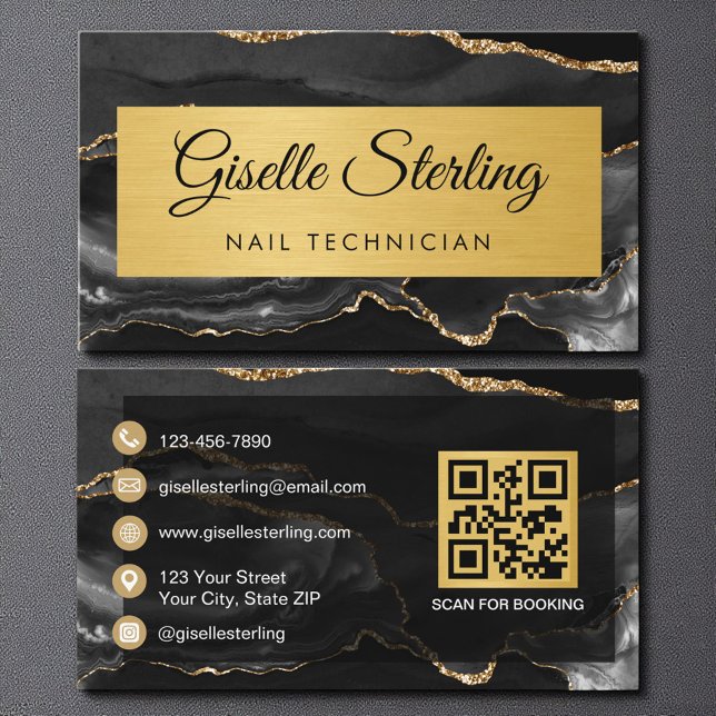 Black Gold Agate Nail Technician Glitter QR Code Visitenkarte (Von Creator hochgeladen)